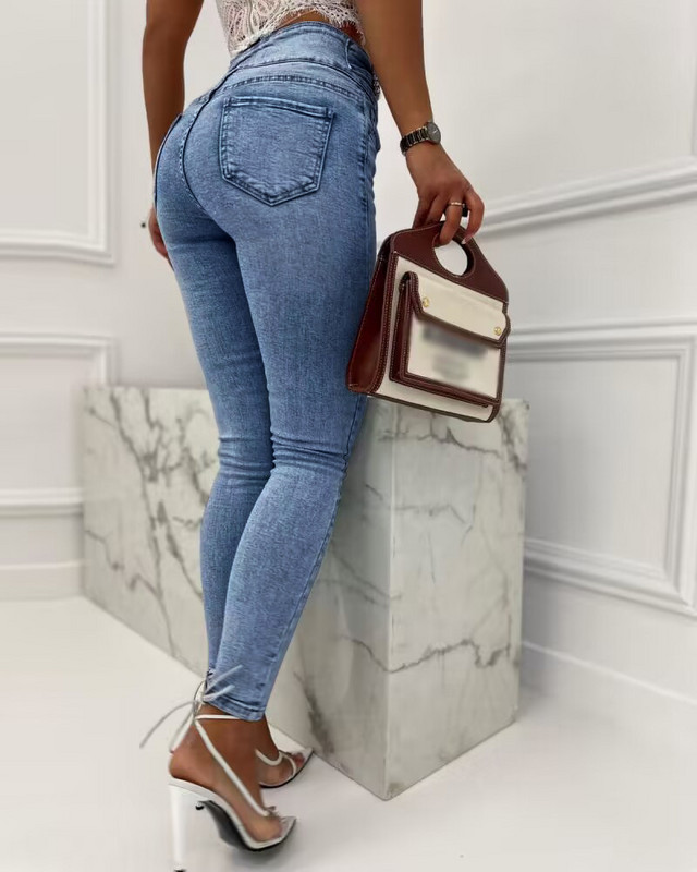 Fashion Jeans Γυναικεία Παντελόνια Πέρλες Διακόσμηση με κουμπιά ψηλή μέση Casual Skinny Slim τζιν για γυναίκες