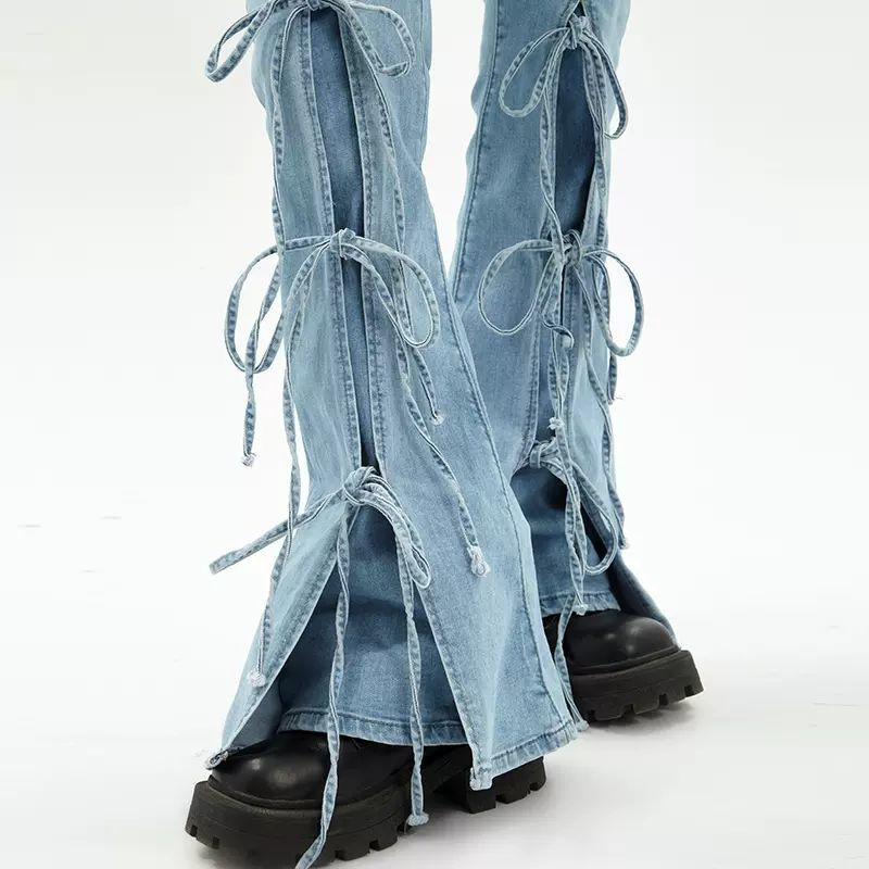 Traperice Vintage Uske traper hlače na vezanje Ženske plave hlače Ženske pencil hlače Pune traperice Ženske mašne Ležerne