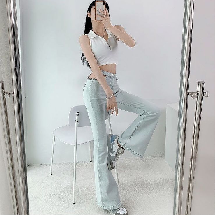 Ανοιχτή μέση με φαρδιά πόδια Λεπτό τζιν Παντελόνι Κορεατικό Stretch Flared Παντελόνι Λευκό μαύρο παντελόνι Ολόσωμο μονόχρωμο, καθημερινό γυναικείο τζιν Flare