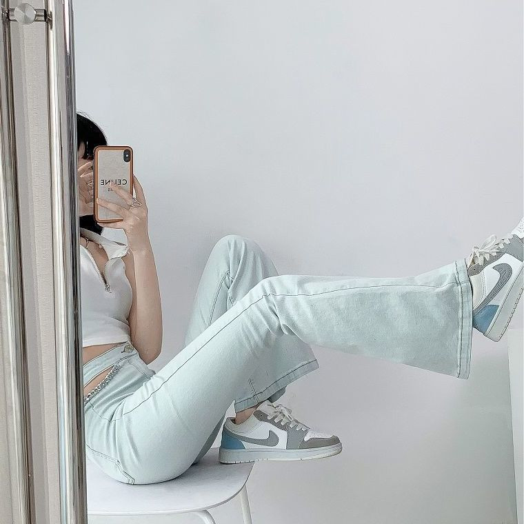 Ανοιχτή μέση με φαρδιά πόδια Λεπτό τζιν Παντελόνι Κορεατικό Stretch Flared Παντελόνι Λευκό μαύρο παντελόνι Ολόσωμο μονόχρωμο, καθημερινό γυναικείο τζιν Flare