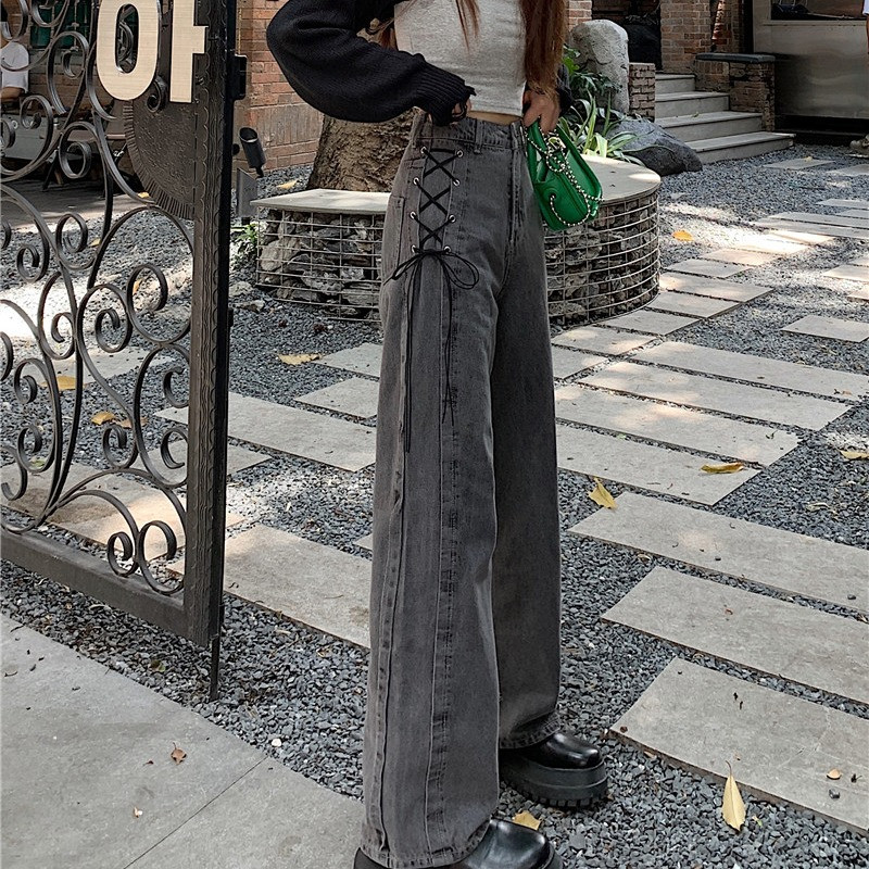 Petite Girls Sive traperice Hlače širokih nogavica s visokom kravatom Skraćene dužine Vintage ravne Seksi Do Old Display Highet Y2K jesenske hlače