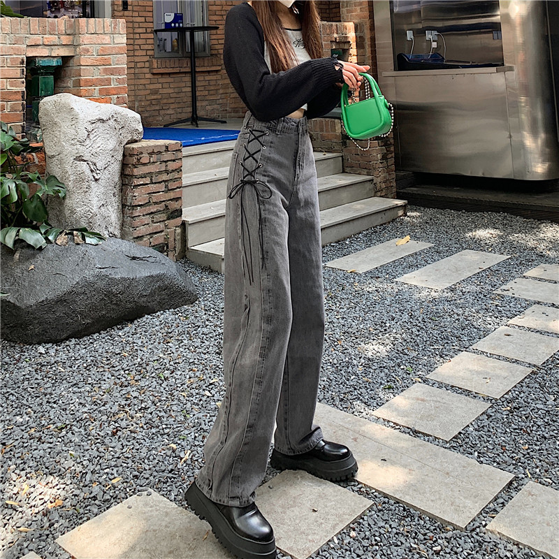 Petite Girls Sive traperice Hlače širokih nogavica s visokom kravatom Skraćene dužine Vintage ravne Seksi Do Old Display Highet Y2K jesenske hlače