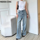 ReddaChic επίδεσμος Γυναικείο φαρδύ τζιν Μπλε παντελόνι Oversize Casual απλό ψηλόμεσο φαρδύ παντελόνι φαρδύ πόδι Κορεάτικο κομψό ύφασμα Y2k