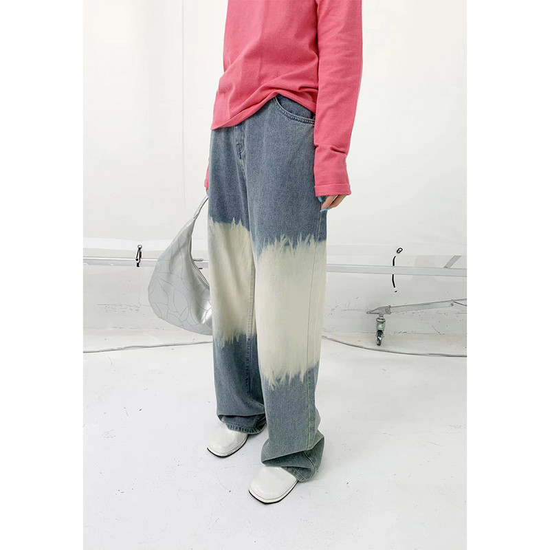 Naiste rõivad 2022. aasta kevadsügise disainiga teksad naistele, kõrge vöökohaga laia säärega püksid Moodsad lipsuvärvid täispikad teksad naistele