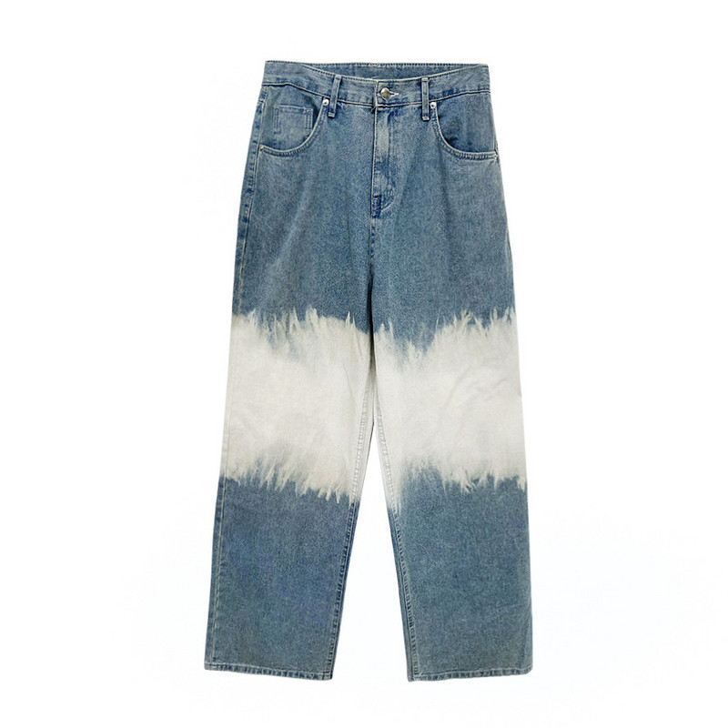 Naiste rõivad 2022. aasta kevadsügise disainiga teksad naistele, kõrge vöökohaga laia säärega püksid Moodsad lipsuvärvid täispikad teksad naistele