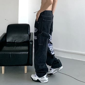 Letter Wide Leg Jeans Cyber Y2k Μπλε φαρδύ παντελόνι Cargo Γυναικείο Egirl Κέντημα Harajuku Παντελόνι Lovers Casual Hippie Trousers BF