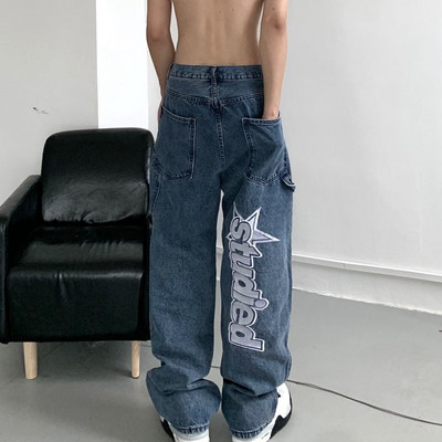 Letter Wide Leg Jeans Cyber Y2k Μπλε φαρδύ παντελόνι Cargo Γυναικείο Egirl Κέντημα Harajuku Παντελόνι Lovers Casual Hippie Trousers BF