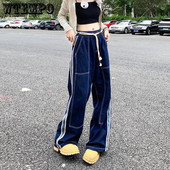 WTEMPO Γυναικεία τζιν Hip Hop Ελαστική μέση ίσια φαρδιά παντελόνια Streetwear Κορεατικά Hip Hop Dance Γυναικεία τζιν Παντελόνια τάσης Y2k