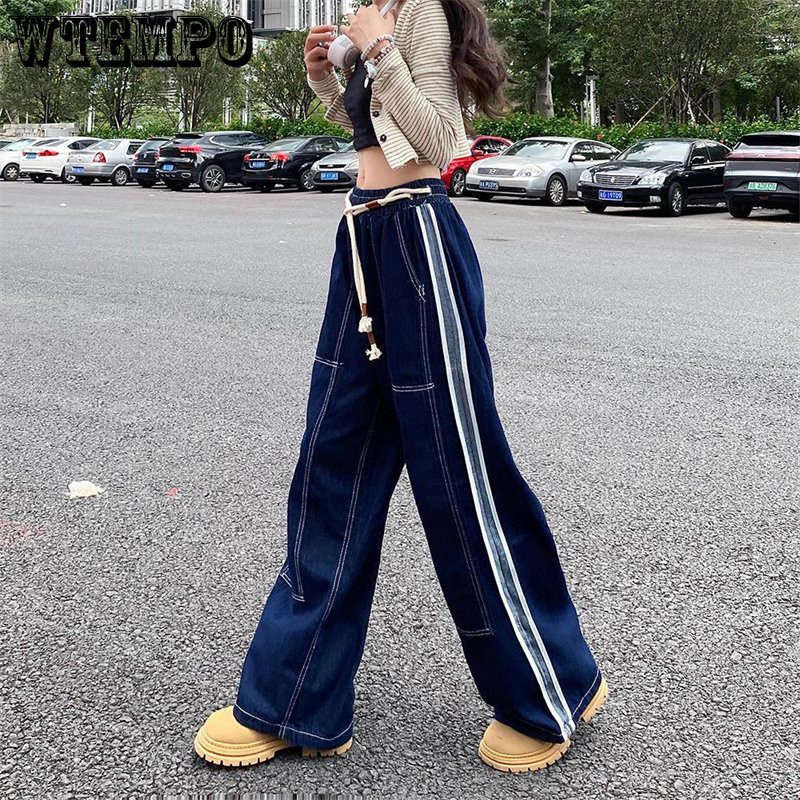 WTEMPO Γυναικεία τζιν Hip Hop Ελαστική μέση ίσια φαρδιά παντελόνια Streetwear Κορεατικά Hip Hop Dance Γυναικεία τζιν Παντελόνια τάσης Y2k