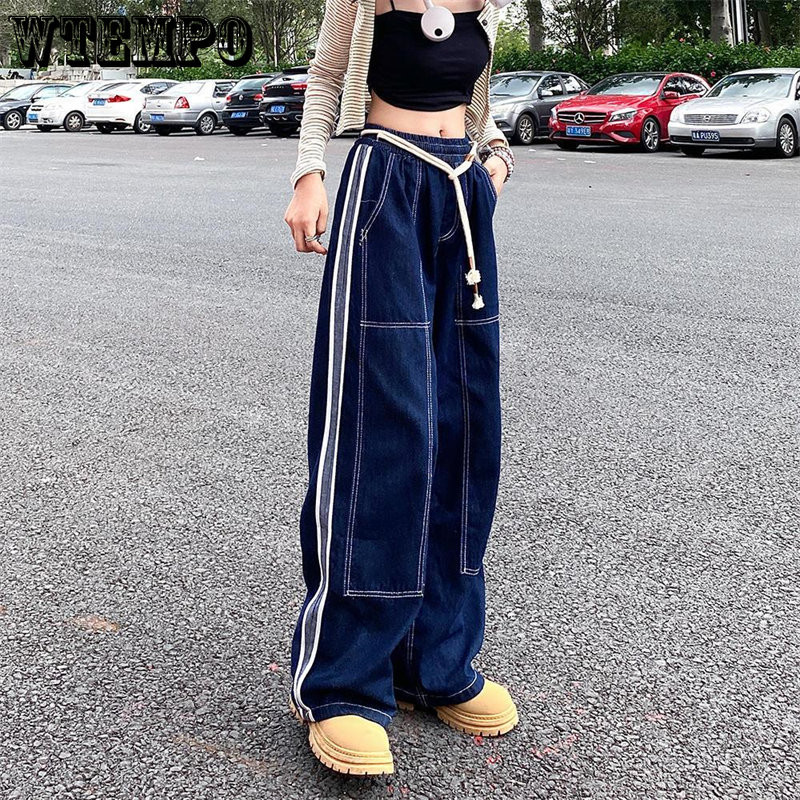 WTEMPO Γυναικεία τζιν Hip Hop Ελαστική μέση ίσια φαρδιά παντελόνια Streetwear Κορεατικά Hip Hop Dance Γυναικεία τζιν Παντελόνια τάσης Y2k