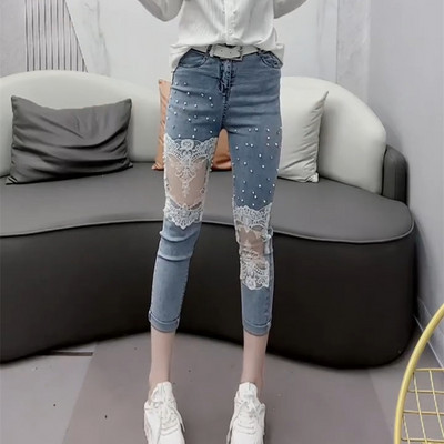 Novi dolasci Modne visoko rastezljive ženske pencil jeans uske hlače Visoke tanke ženske uske ženske hlače s izdubljenom čipkom Jean A460