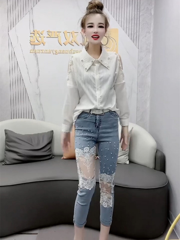 Novi dolasci Modne visoko rastezljive ženske pencil jeans uske hlače Visoke tanke ženske uske ženske hlače s izdubljenom čipkom Jean A460