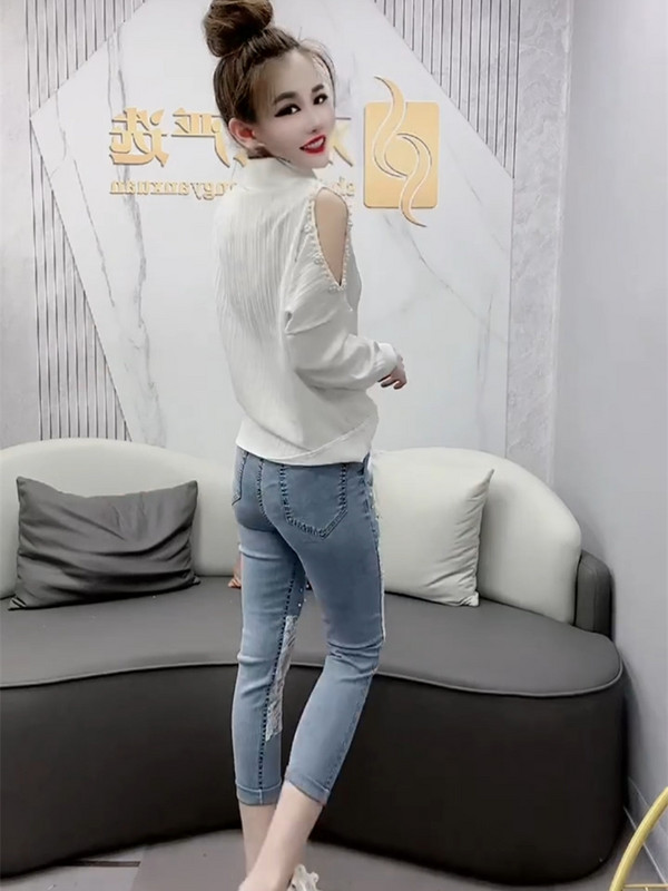 Novi dolasci Modne visoko rastezljive ženske pencil jeans uske hlače Visoke tanke ženske uske ženske hlače s izdubljenom čipkom Jean A460