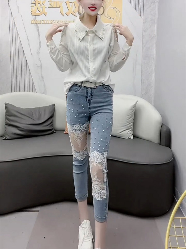 Novi dolasci Modne visoko rastezljive ženske pencil jeans uske hlače Visoke tanke ženske uske ženske hlače s izdubljenom čipkom Jean A460