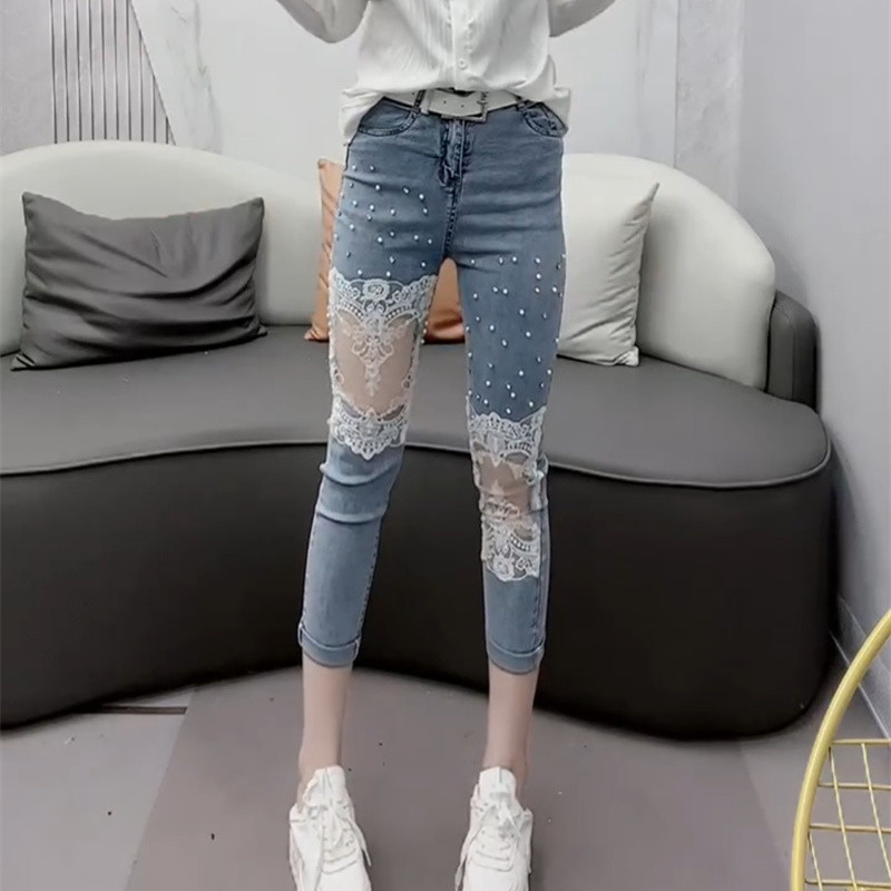 Novi dolasci Modne visoko rastezljive ženske pencil jeans uske hlače Visoke tanke ženske uske ženske hlače s izdubljenom čipkom Jean A460