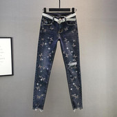 Skinny Lady Jewelry Diamond Iron On Street Denim Hlače Ženske Vintage Plave Traperice s rupama Punk Modne Tajice za gležnjeve A455