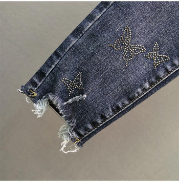 Κοσμήματα Skinny Lady Diamond Iron On Street Denim Παντελόνι Γυναικεία Vintage Μπλε Hallow Out Hole Jeans Punk Fashion Ankle κολάν A455