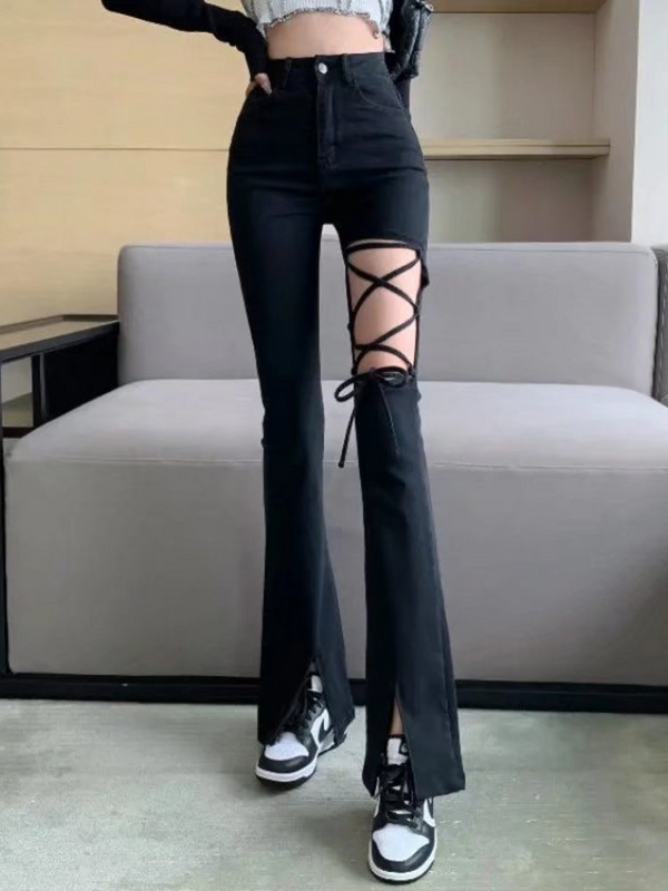 Feynzz`s Μαύρο σχισμένο ψηλόμεσο παντελόνι με φαρδύ πόδι Γυναικείο καλοκαιρινό λεπτή κουρτίνα Παντελόνι με λουράκι από πάγο με λουράκι Micro flared