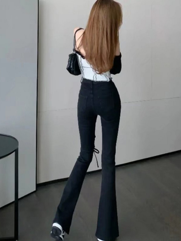 Feynzz`s Μαύρο σχισμένο ψηλόμεσο παντελόνι με φαρδύ πόδι Γυναικείο καλοκαιρινό λεπτή κουρτίνα Παντελόνι με λουράκι από πάγο με λουράκι Micro flared