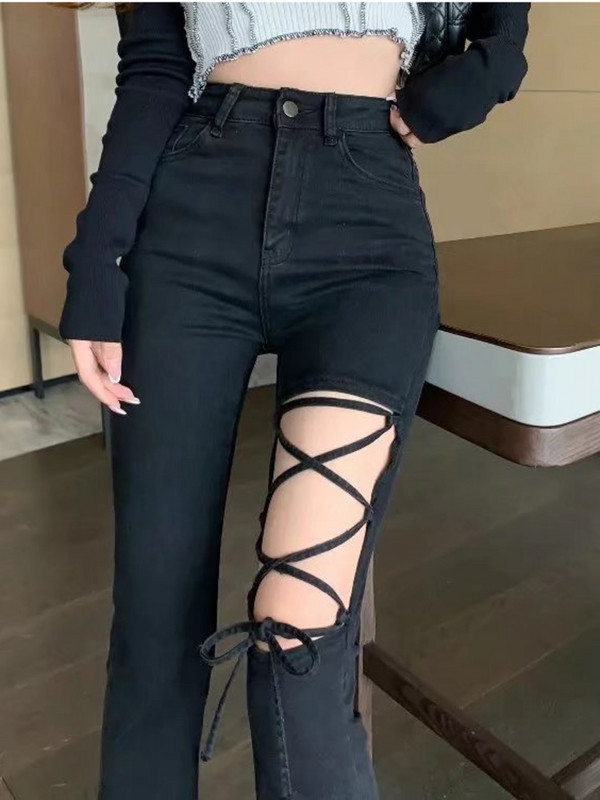 Feynzz`s Μαύρο σχισμένο ψηλόμεσο παντελόνι με φαρδύ πόδι Γυναικείο καλοκαιρινό λεπτή κουρτίνα Παντελόνι με λουράκι από πάγο με λουράκι Micro flared