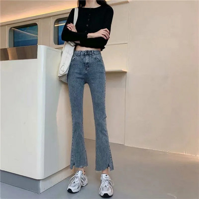 Κλασικό ψηλόμεσο κουμπάκι Ακατέργαστο γυναικείο παντελόνι μέχρι τον αστράγαλο Μόδα Λεπτό τζιν παντελόνι Casual Stretch Streetwear Γυναικεία ρούχα