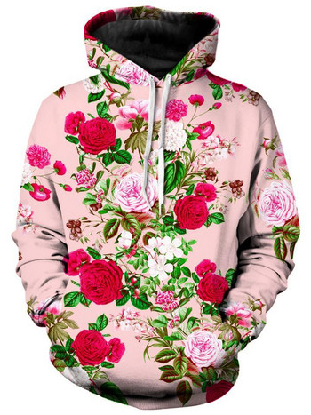 Моден нов пролетен и есенен пуловер с качулка с дълъг ръкав, суичър с 3D печат на цветя, улично Y2K облекло, ежедневна качулка с качулка