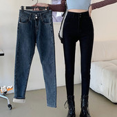 Πυκνώνει ζεστό τζιν τζιν με διπλό κουμπί Plus βελούδινο ελαστικό ψηλόμεσο ψηλό στενό γυναικείο μολύβι παντελόνι