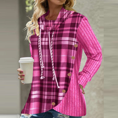 Φθινοπωρινό χειμωνιάτικο ζιβάγκο με καρό πλεκτό μακρυμάνικο πουλόβερ Γυναικεία casual μπλουζάκια Γυναικεία μπλουζάκια με κουκούλα με κορδόνια