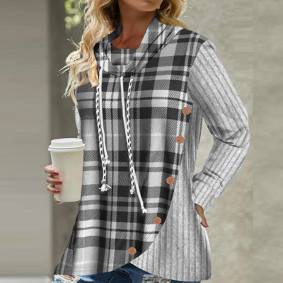 Φθινοπωρινό χειμωνιάτικο ζιβάγκο με καρό πλεκτό μακρυμάνικο πουλόβερ Γυναικεία casual μπλουζάκια Γυναικεία μπλουζάκια με κουκούλα με κορδόνια