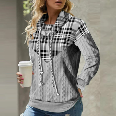 Φθινοπωρινό χειμωνιάτικο ζιβάγκο με καρό πλεκτό μακρυμάνικο πουλόβερ Γυναικεία casual μπλουζάκια Γυναικεία μπλουζάκια με κουκούλα με κορδόνια