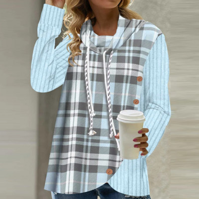 Φθινοπωρινό χειμωνιάτικο ζιβάγκο με καρό πλεκτό μακρυμάνικο πουλόβερ Γυναικεία casual μπλουζάκια Γυναικεία μπλουζάκια με κουκούλα με κορδόνια