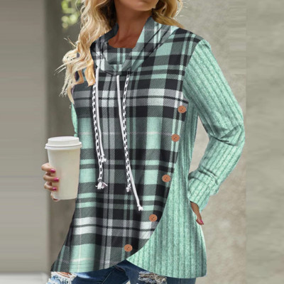 Φθινοπωρινό χειμωνιάτικο ζιβάγκο με καρό πλεκτό μακρυμάνικο πουλόβερ Γυναικεία casual μπλουζάκια Γυναικεία μπλουζάκια με κουκούλα με κορδόνια