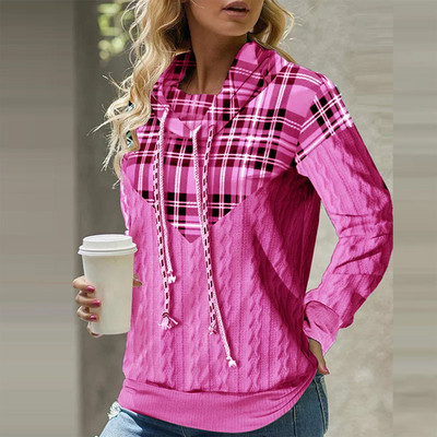 Φθινοπωρινό χειμωνιάτικο ζιβάγκο με καρό πλεκτό μακρυμάνικο πουλόβερ Γυναικεία casual μπλουζάκια Γυναικεία μπλουζάκια με κουκούλα με κορδόνια