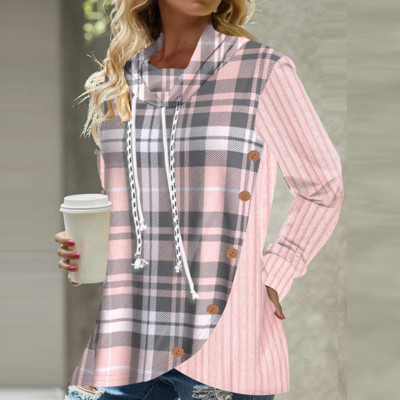 Φθινοπωρινό χειμωνιάτικο ζιβάγκο με καρό πλεκτό μακρυμάνικο πουλόβερ Γυναικεία casual μπλουζάκια Γυναικεία μπλουζάκια με κουκούλα με κορδόνια