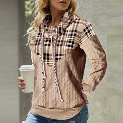 Φθινοπωρινό χειμωνιάτικο ζιβάγκο με καρό πλεκτό μακρυμάνικο πουλόβερ Γυναικεία casual μπλουζάκια Γυναικεία μπλουζάκια με κουκούλα με κορδόνια