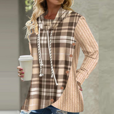 Φθινοπωρινό χειμωνιάτικο ζιβάγκο με καρό πλεκτό μακρυμάνικο πουλόβερ Γυναικεία casual μπλουζάκια Γυναικεία μπλουζάκια με κουκούλα με κορδόνια