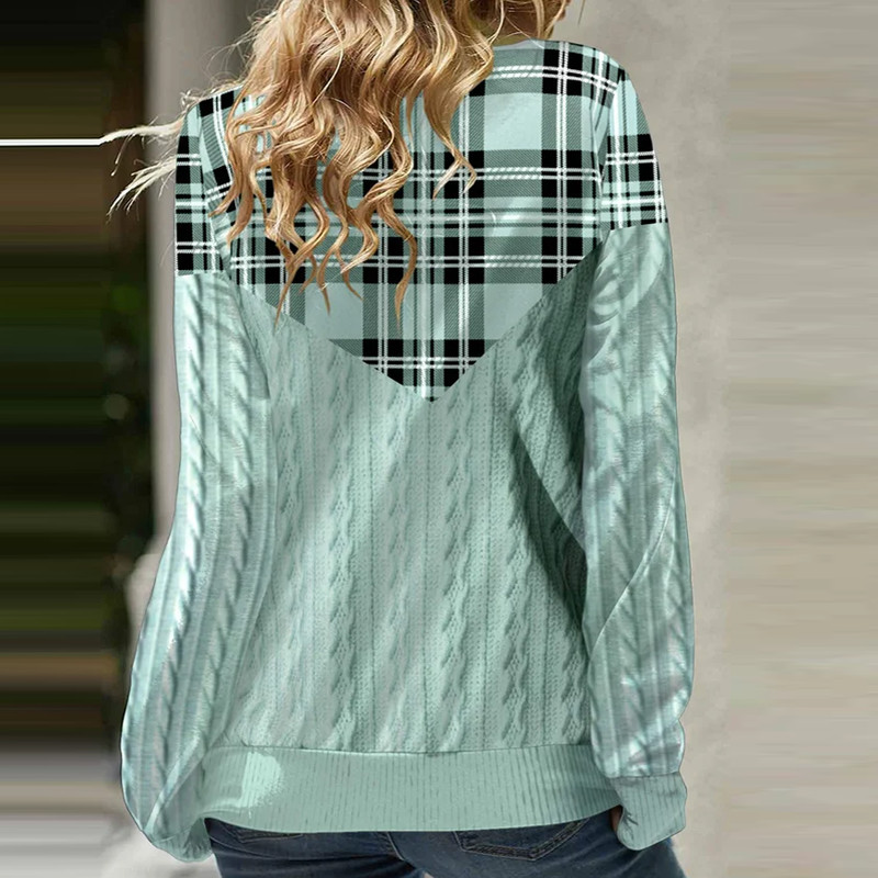 Φθινοπωρινό χειμωνιάτικο ζιβάγκο με καρό πλεκτό μακρυμάνικο πουλόβερ Γυναικεία casual μπλουζάκια Γυναικεία μπλουζάκια με κουκούλα με κορδόνια