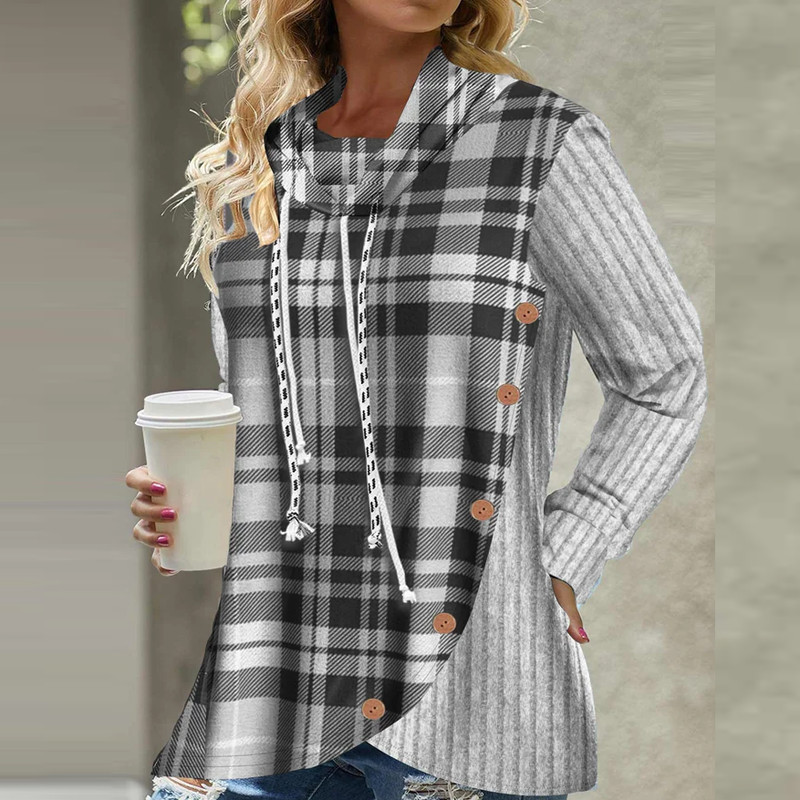 Φθινοπωρινό χειμωνιάτικο ζιβάγκο με καρό πλεκτό μακρυμάνικο πουλόβερ Γυναικεία casual μπλουζάκια Γυναικεία μπλουζάκια με κουκούλα με κορδόνια