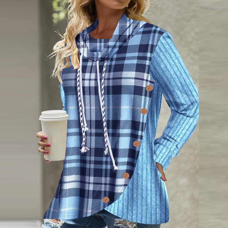 Φθινοπωρινό χειμωνιάτικο ζιβάγκο με καρό πλεκτό μακρυμάνικο πουλόβερ Γυναικεία casual μπλουζάκια Γυναικεία μπλουζάκια με κουκούλα με κορδόνια