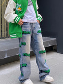 Feynzz Embroidery high street stiilis hiphop flokeerivad teksad sügisesed laia säärega püksid meestele ja naistele kõrge vöökohaga teksamood