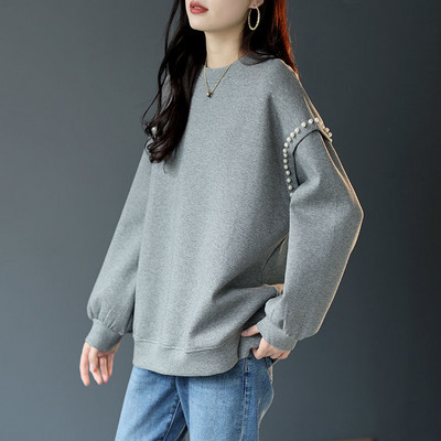 Γυναικεία φούτερ με στρογγυλή λαιμόκοψη και μακρυμάνικο με χάντρες Γυναικεία άνοιξη 2023 Νέο απλό, χαλαρό, ευέλικτο γυναικείο μπλουζάκι μονόχρωμο