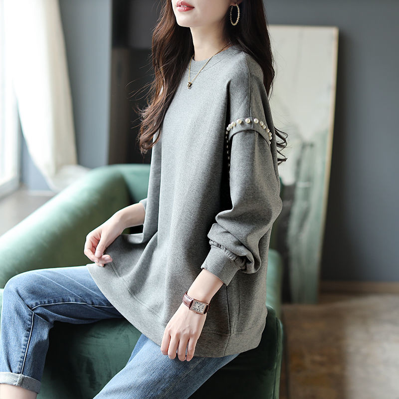 Γυναικεία φούτερ με στρογγυλή λαιμόκοψη και μακρυμάνικο με χάντρες Γυναικεία άνοιξη 2023 Νέο απλό, χαλαρό, ευέλικτο γυναικείο μπλουζάκι μονόχρωμο