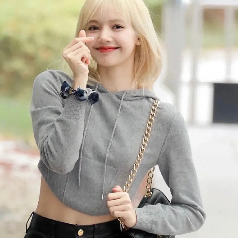 Kpop LISA 2023 kevad Solid Colors Pingutusnööriga kapuutsiga kaelusega kapuutsid, pikkade varrukatega vabaaja kampsun Naiste High Street naiste topid