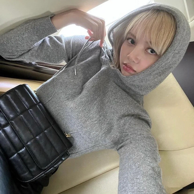 Kpop LISA 2023 kevad Solid Colors Pingutusnööriga kapuutsiga kaelusega kapuutsid, pikkade varrukatega vabaaja kampsun Naiste High Street naiste topid