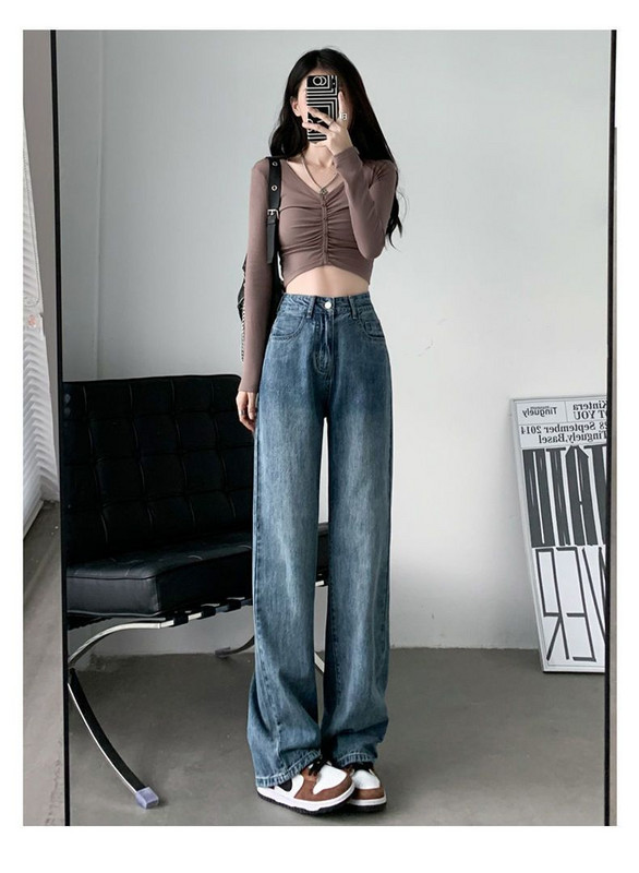 Traperice Ženske hlače širokih nogavica Jesen Zima Proljeće Pamuk pune dužine Nabori Ležerne široke korejske uredske ženske traperice Jednostavne