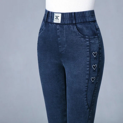 Νέο vintage μπλε κέντημα τζιν μολύβι για γυναίκες 2023 Λεπτό τεντωμένο ψηλόμεσο κορεάτικο, καθημερινό στενό παντελόνι