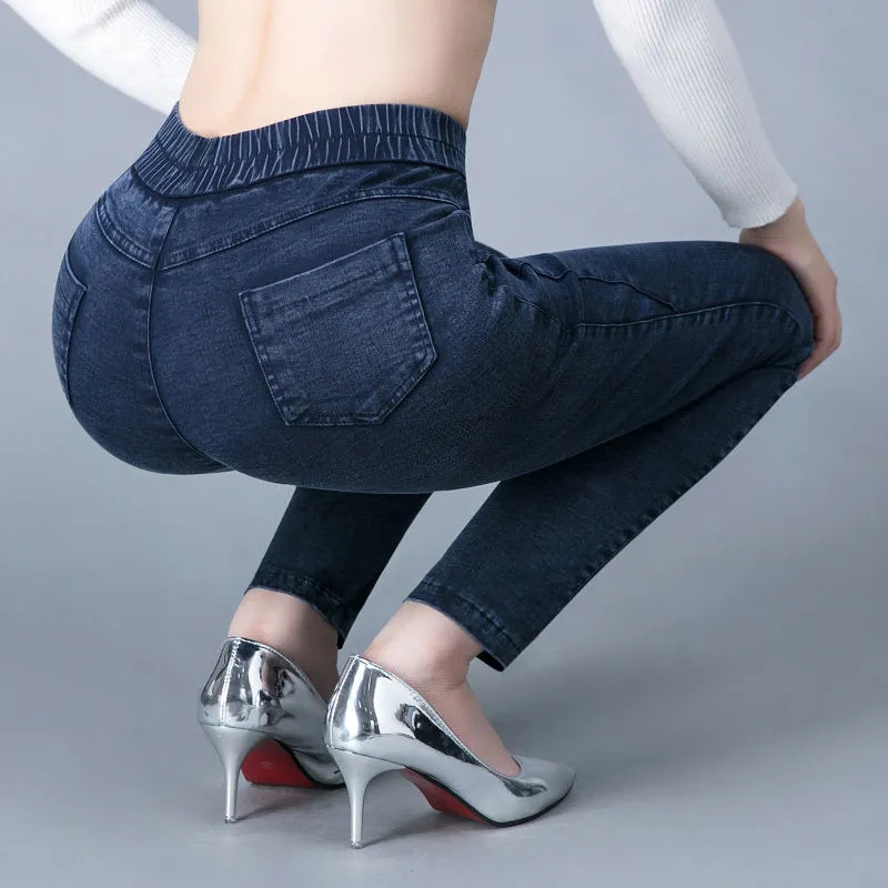 Νέο vintage μπλε κέντημα τζιν μολύβι για γυναίκες 2023 Λεπτό τεντωμένο ψηλόμεσο κορεάτικο, καθημερινό στενό παντελόνι