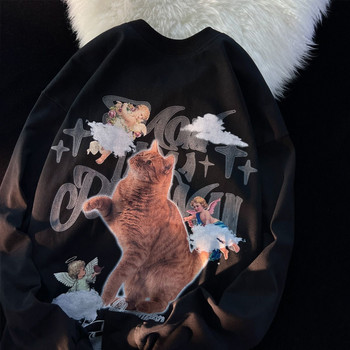Модно сладко котешко щампа с графичен суичър с качулка American Y2K Свободни персонализирани зимни дрехи дамски Street Retro Hip Hop Hoodie Top