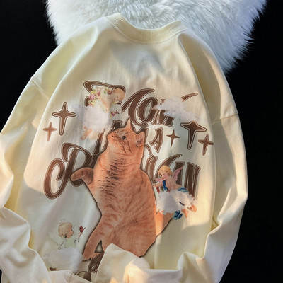 Fashion Cute Cat Print Graphic Hoodie American Y2K Loose Εξατομικευμένα χειμερινά γυναικεία ρούχα Street Retro Hip Hop Hoodie Top