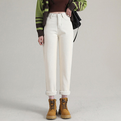 Γυναικείο Thermal Harem Jeans Ζεστό βελούδινο ψηλόμεσο Stretch Vintage μπλε τζιν χειμώνα χιόνι Streetwear ίσιο παντελόνι κορίτσι παντελόνι
